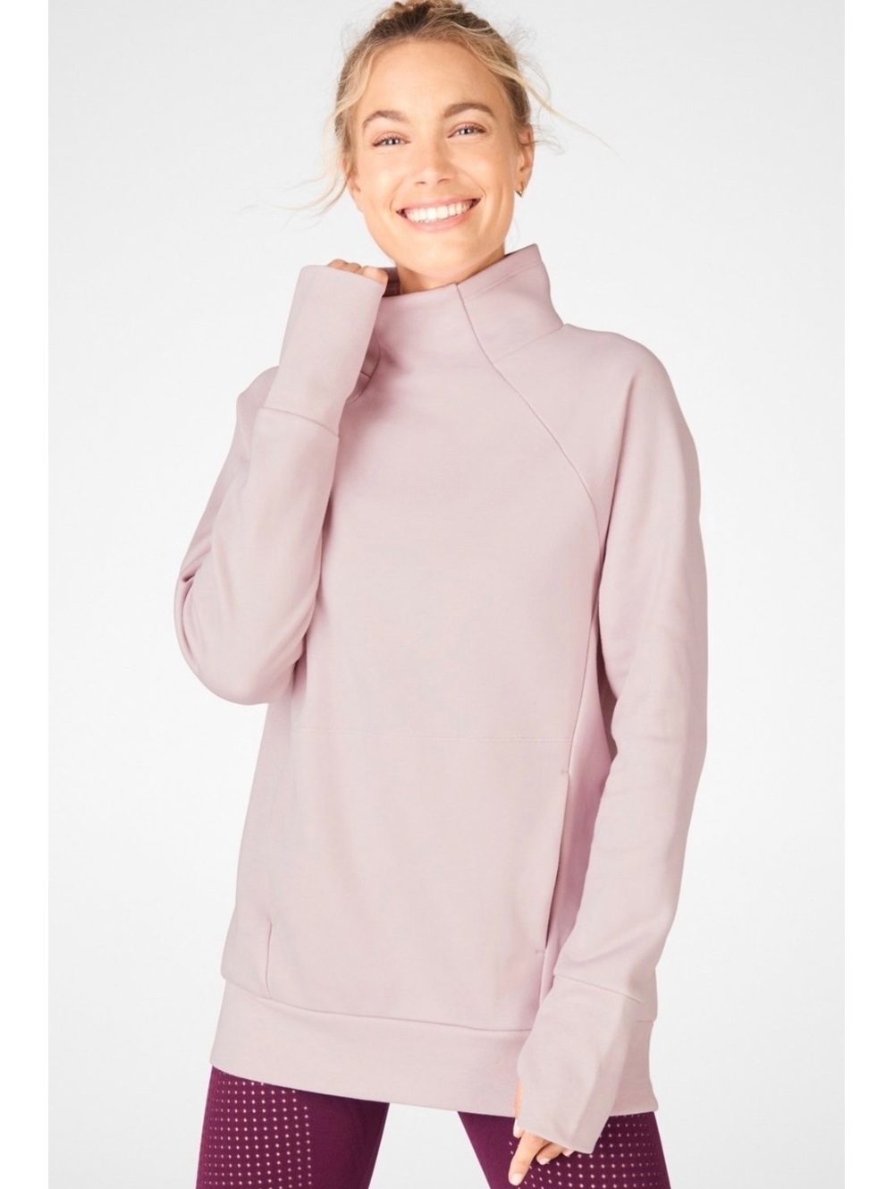 Fabletics Fleece Mock Neck Sweatshirt Pullover Large Pink Thumbholes Pockets
